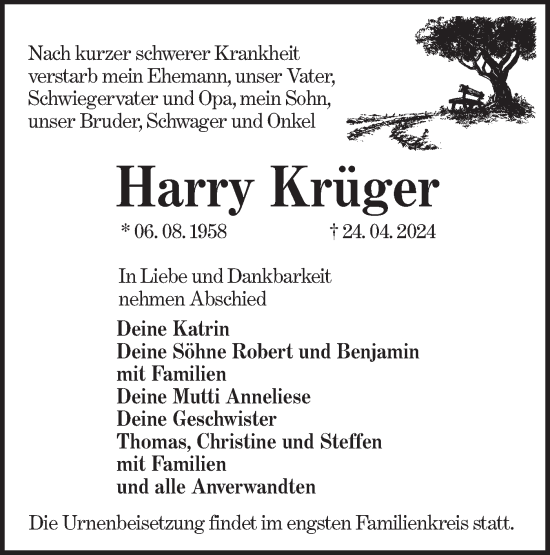 Traueranzeige von Harry Krüger von Lausitzer Rundschau