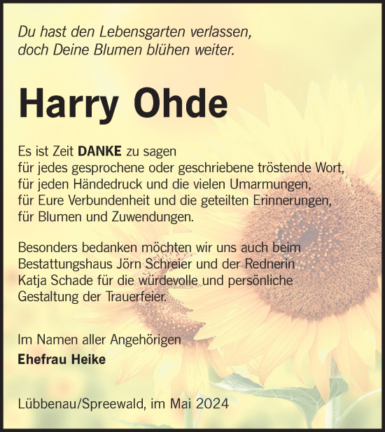 Traueranzeige von Harry Ohde von Lausitzer Rundschau