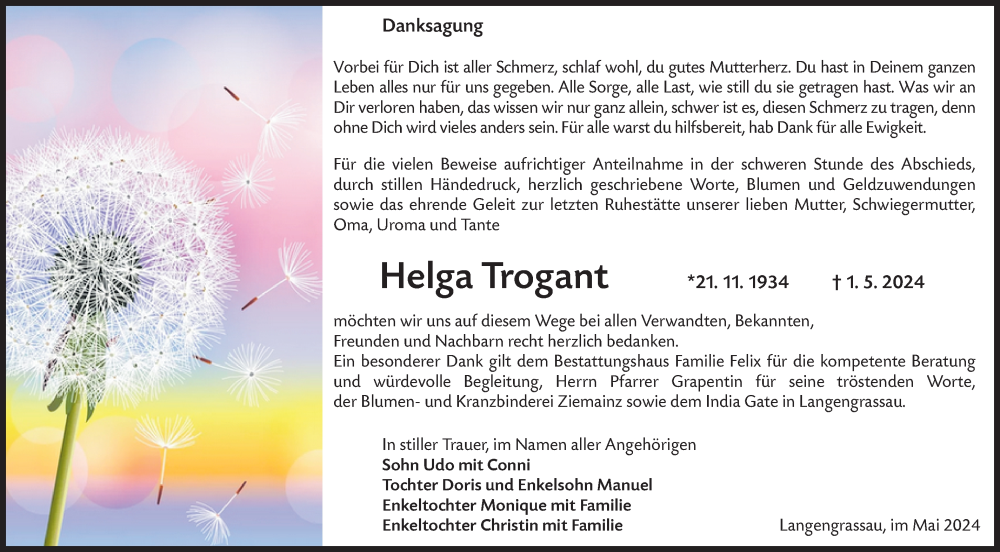  Traueranzeige für Helga Trogant vom 25.05.2024 aus Lausitzer Rundschau
