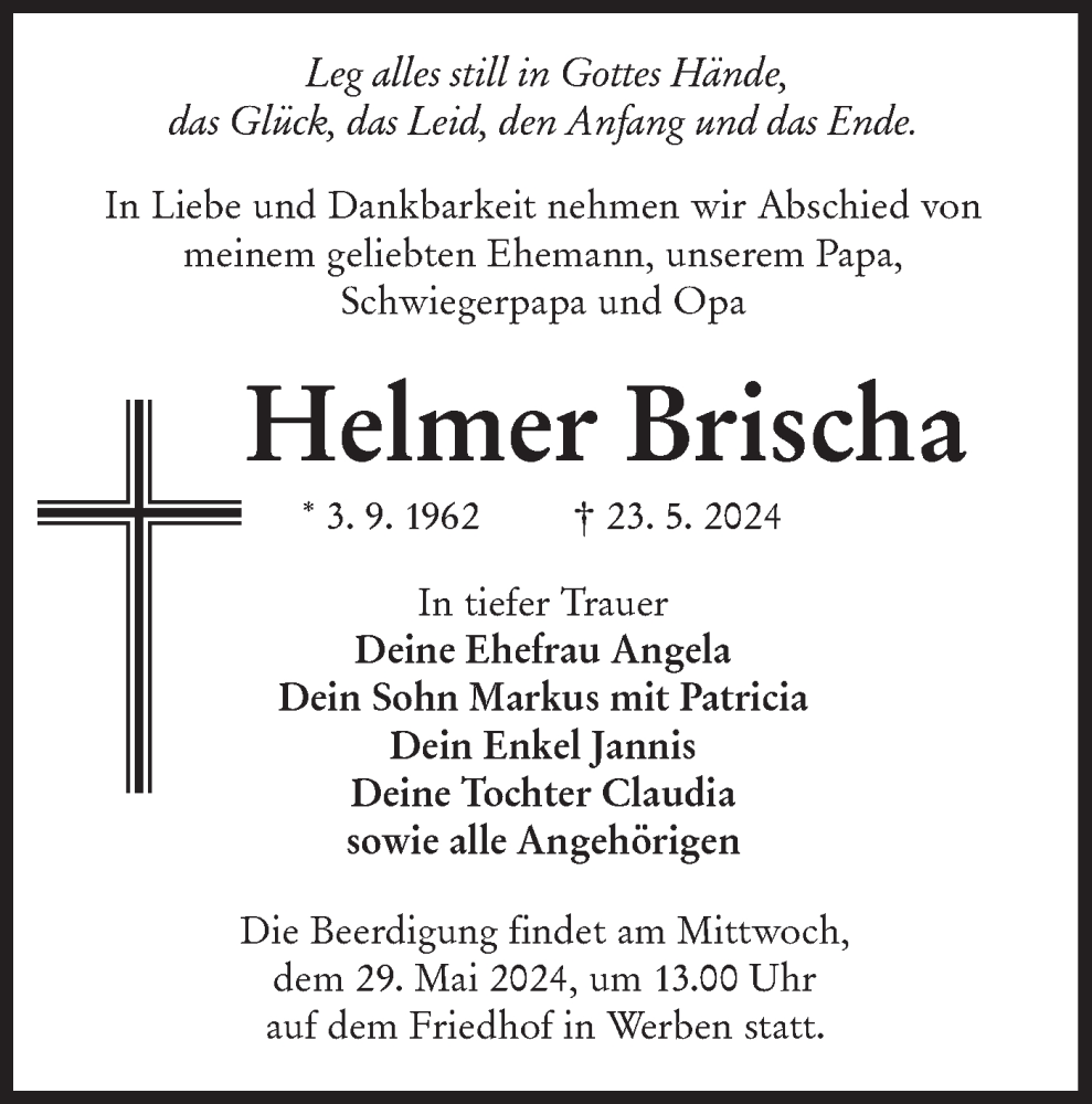  Traueranzeige für Helmer Brischa vom 27.05.2024 aus Lausitzer Rundschau