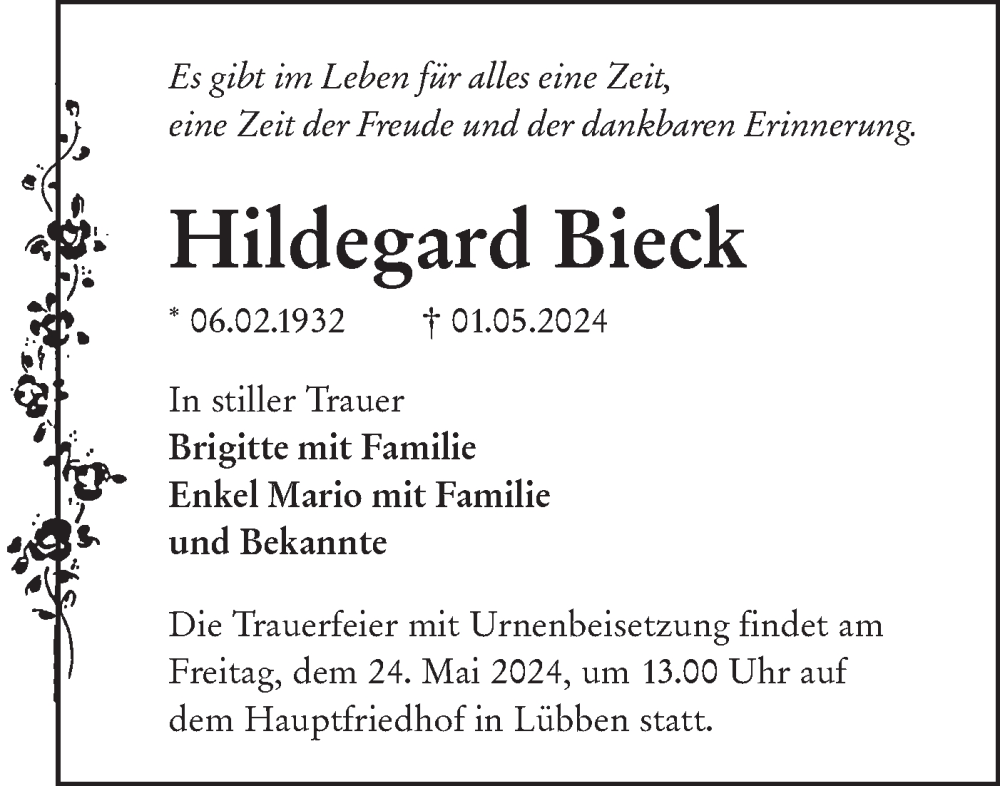  Traueranzeige für Hildegard Bieck vom 11.05.2024 aus Lausitzer Rundschau