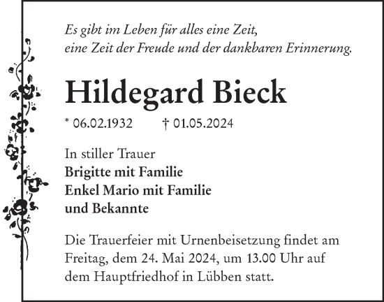 Traueranzeige von Hildegard Bieck von Lausitzer Rundschau