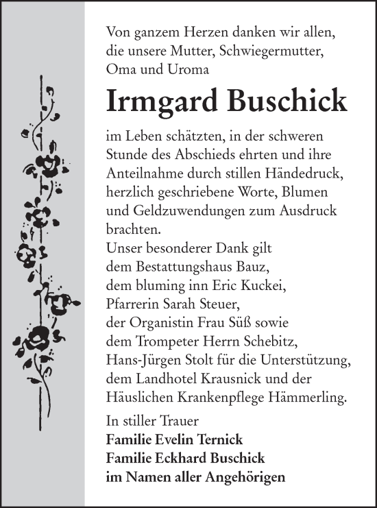 Traueranzeige von Irmgard Buschick von Lausitzer Rundschau