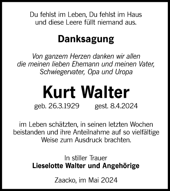 Traueranzeige von Kurt Walter von Lausitzer Rundschau