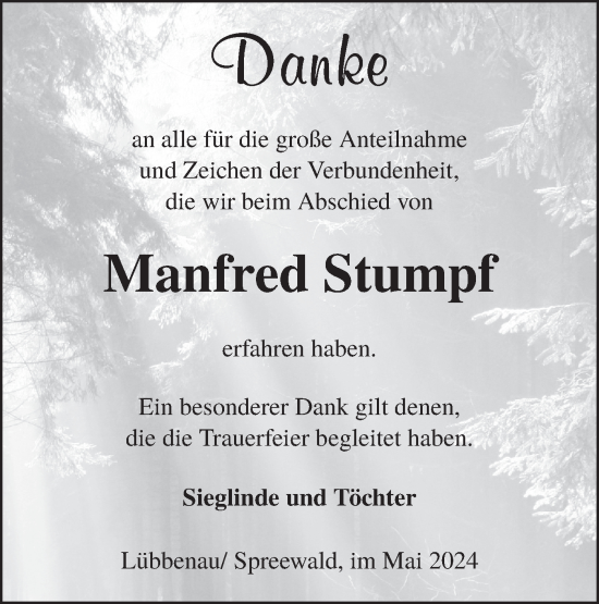 Traueranzeige von Manfred Stumpf von Lausitzer Rundschau