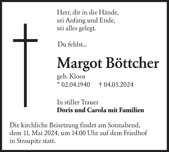 Traueranzeige von Margot Böttcher von Lausitzer Rundschau