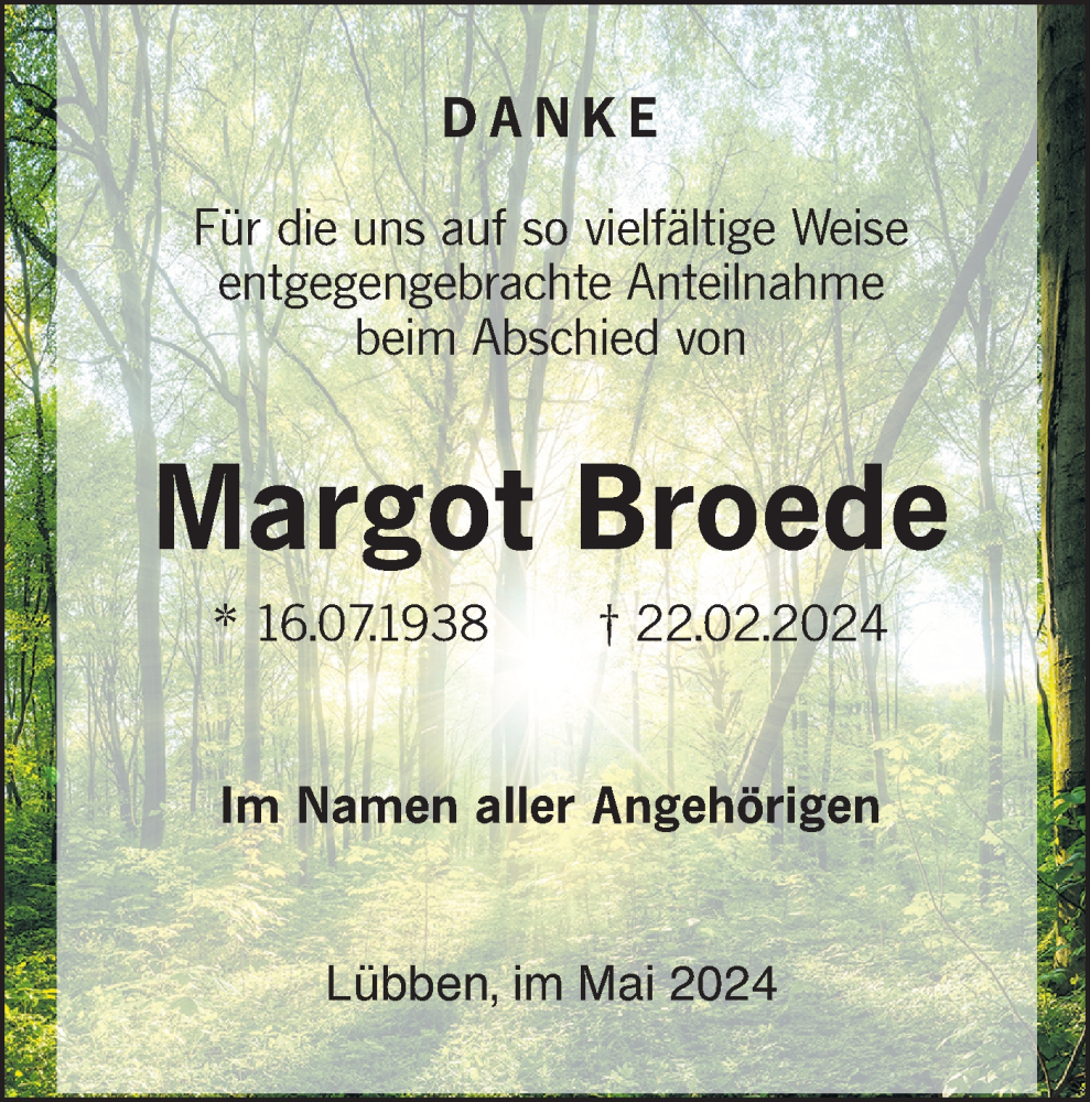  Traueranzeige für Margot Broede vom 18.05.2024 aus Lausitzer Rundschau