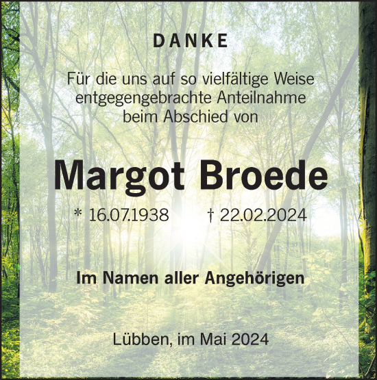 Traueranzeige von Margot Broede von Lausitzer Rundschau