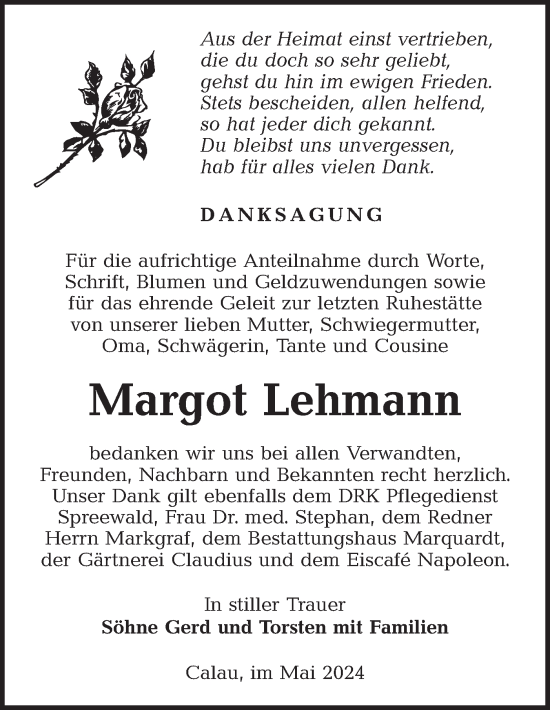 Traueranzeige von Margot Lehmann von Lausitzer Rundschau