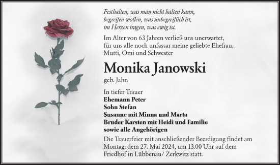 Traueranzeige von Monika Janowski von Lausitzer Rundschau