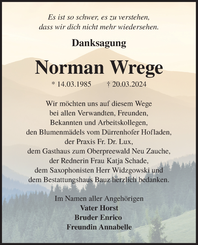  Traueranzeige für Norman Wrege vom 18.05.2024 aus Lausitzer Rundschau