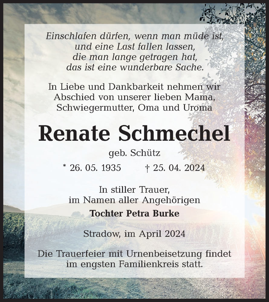  Traueranzeige für Renate Schmechel vom 04.05.2024 aus Lausitzer Rundschau