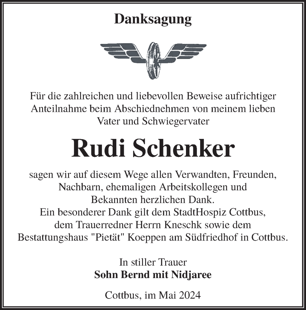  Traueranzeige für Rudi Schenker vom 11.05.2024 aus Lausitzer Rundschau