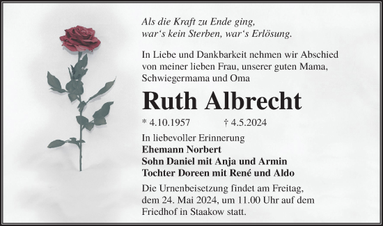 Traueranzeige von Ruth Albrecht von Lausitzer Rundschau