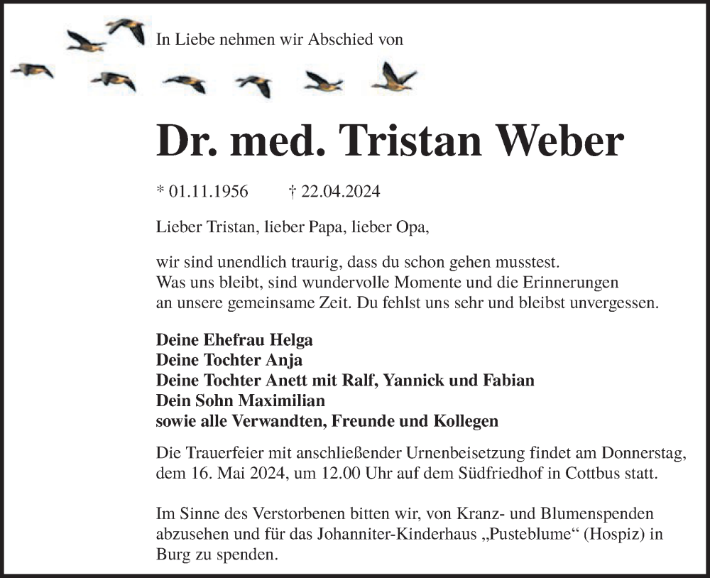  Traueranzeige für Tristan Weber vom 04.05.2024 aus Lausitzer Rundschau