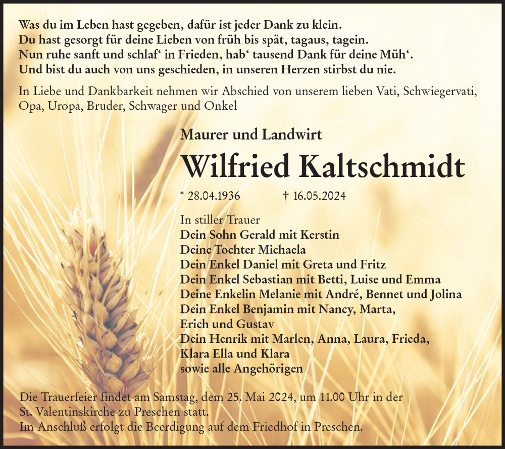  Traueranzeige für Wilfried Kaltschmidt vom 22.05.2024 aus Lausitzer Rundschau