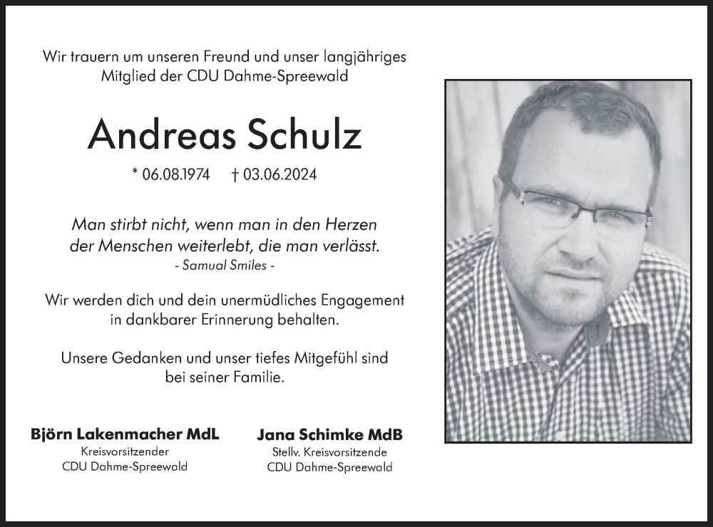  Traueranzeige für Andreas Schulz vom 06.06.2024 aus Lausitzer Rundschau