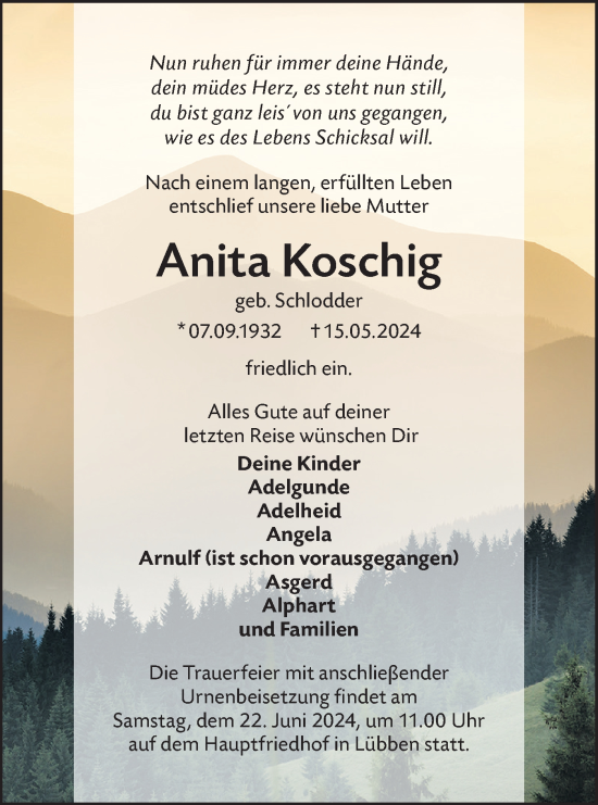 Traueranzeige von Anita Koschig von Lausitzer Rundschau