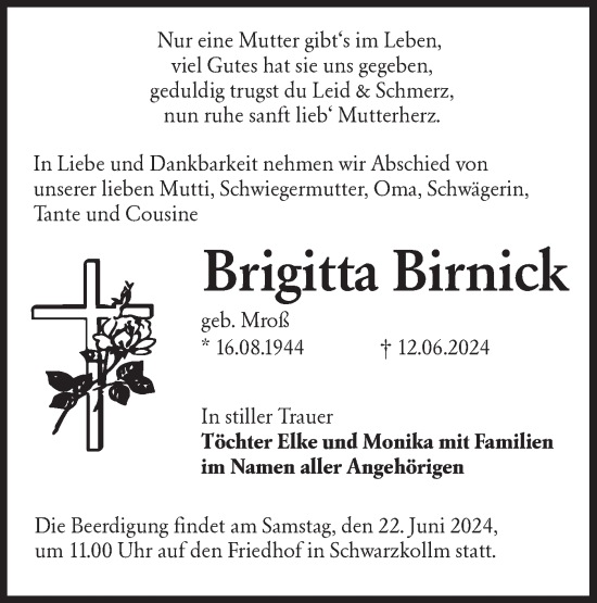Traueranzeige von Brigitta Birnick von Lausitzer Rundschau