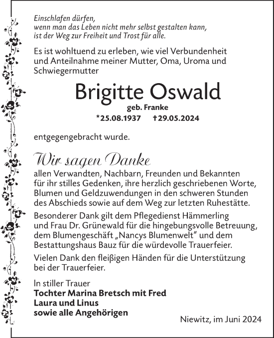 Traueranzeige von Brigitte Oswald von Lausitzer Rundschau