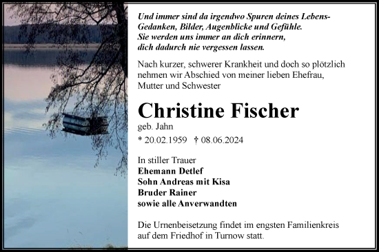 Traueranzeige von Christine Fischer von Lausitzer Rundschau
