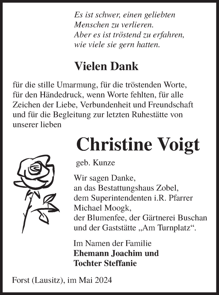  Traueranzeige für Christine Voigt vom 01.06.2024 aus Lausitzer Rundschau