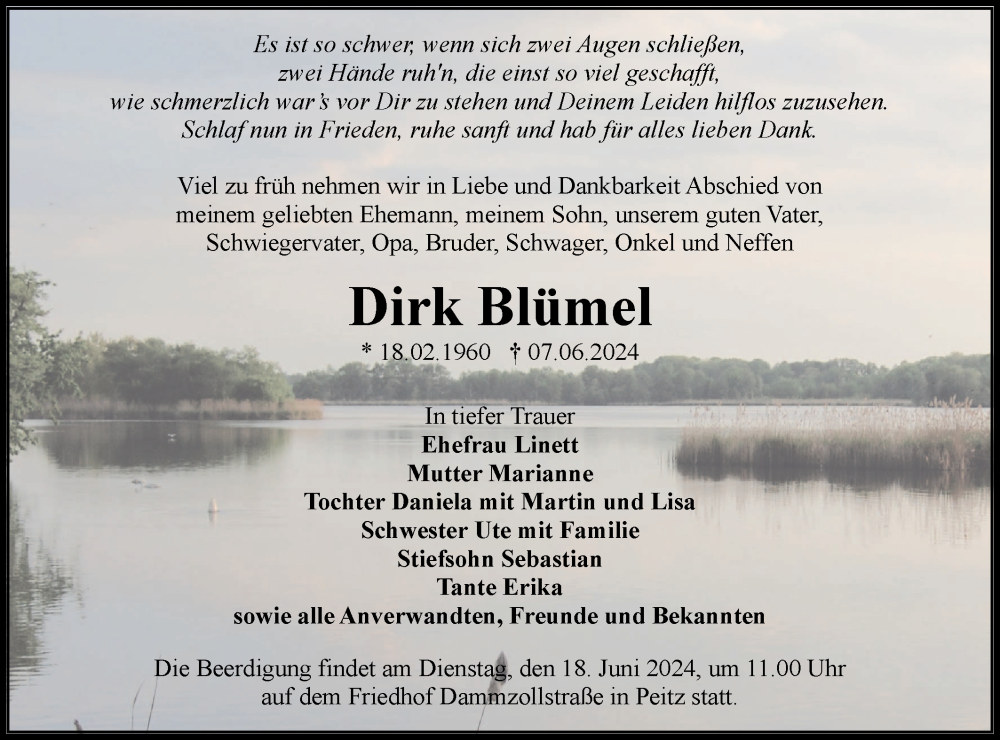  Traueranzeige für Dirk Blümel vom 13.06.2024 aus Lausitzer Rundschau