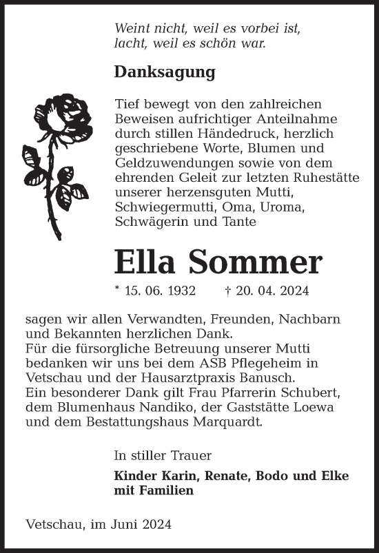 Traueranzeige von Ella Sommer von Lausitzer Rundschau