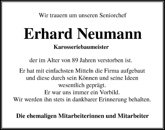 Traueranzeige von Erhard Neumann von Lausitzer Rundschau
