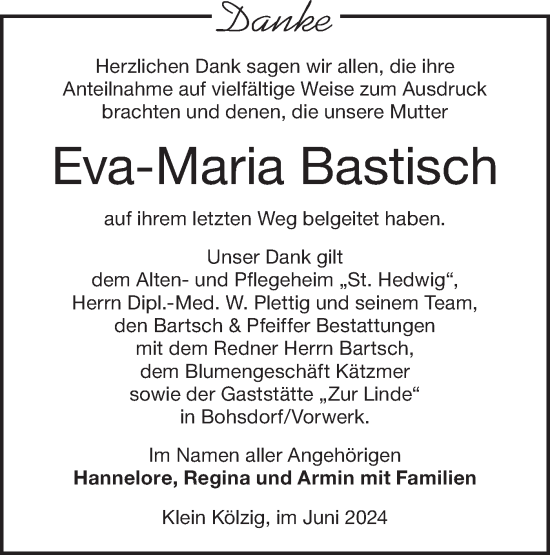 Traueranzeige von Eva-Maria Bastisch von Lausitzer Rundschau