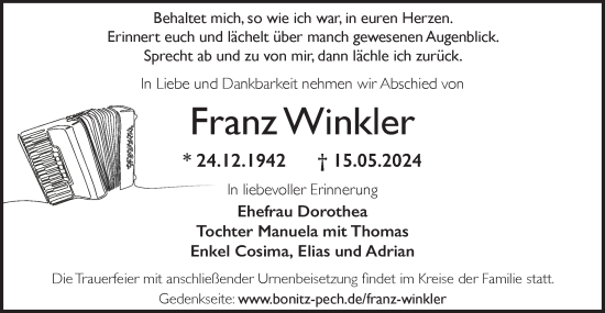 Traueranzeige von Franz Winkler von Lausitzer Rundschau