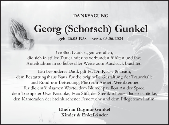 Traueranzeige von Georg Gunkel von Lausitzer Rundschau