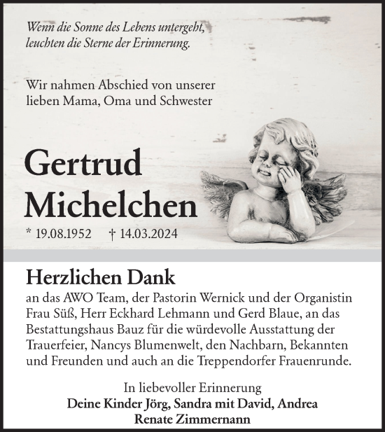 Traueranzeige von Gertrud Michelchen von Lausitzer Rundschau