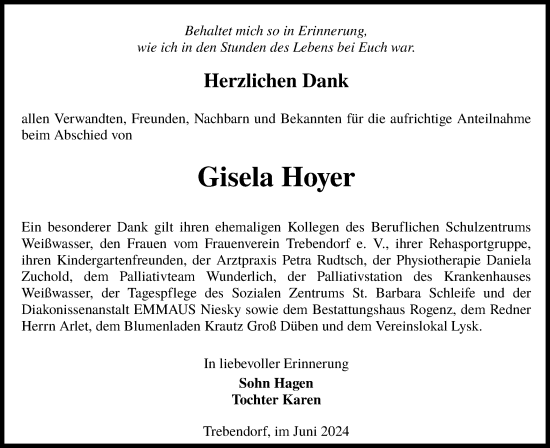 Traueranzeige von Gisela Hoyer von Lausitzer Rundschau