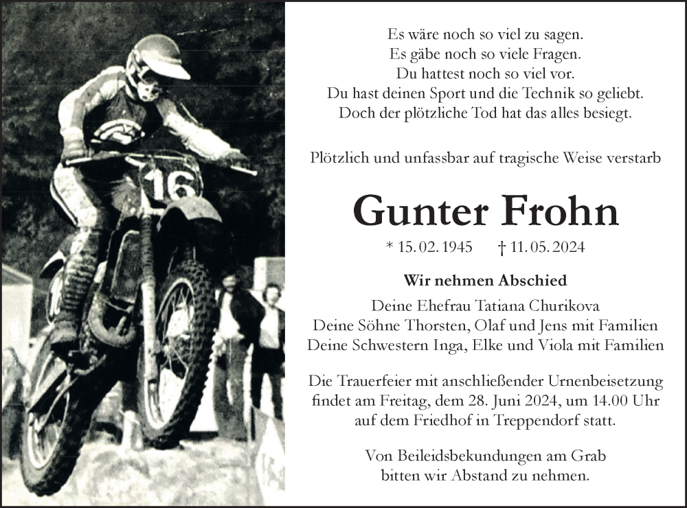  Traueranzeige für Gunter Frohn vom 01.06.2024 aus Lausitzer Rundschau