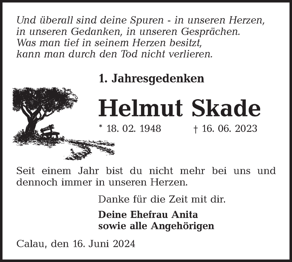  Traueranzeige für Helmut Skade vom 15.06.2024 aus Lausitzer Rundschau