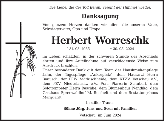 Traueranzeige von Herbert Worreschk von Lausitzer Rundschau