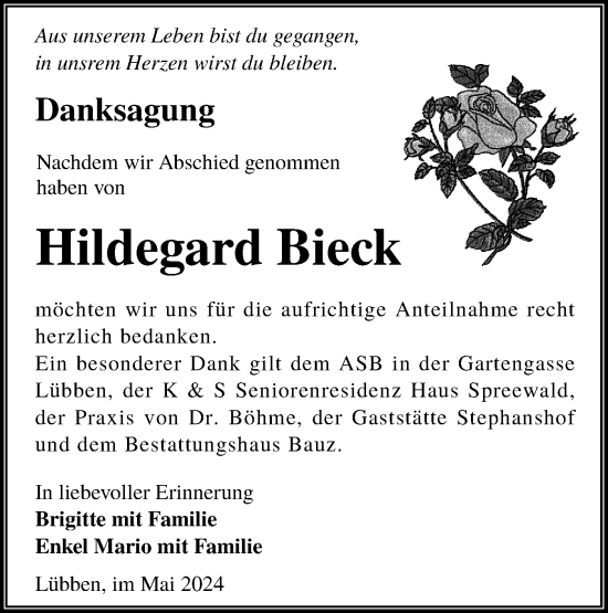 Traueranzeige von Hildegard Bieck von Lausitzer Rundschau