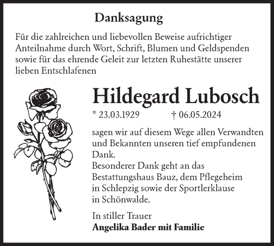 Traueranzeige von Hildegard Lubosch von Lausitzer Rundschau