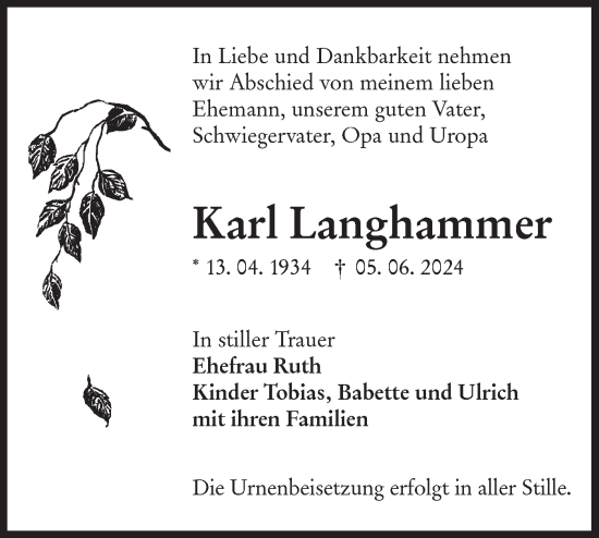 Traueranzeige von Karl Langhammer von Lausitzer Rundschau