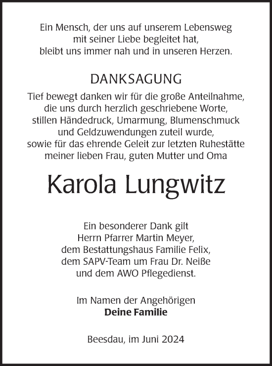 Traueranzeige von Karola Lungwitz von Lausitzer Rundschau
