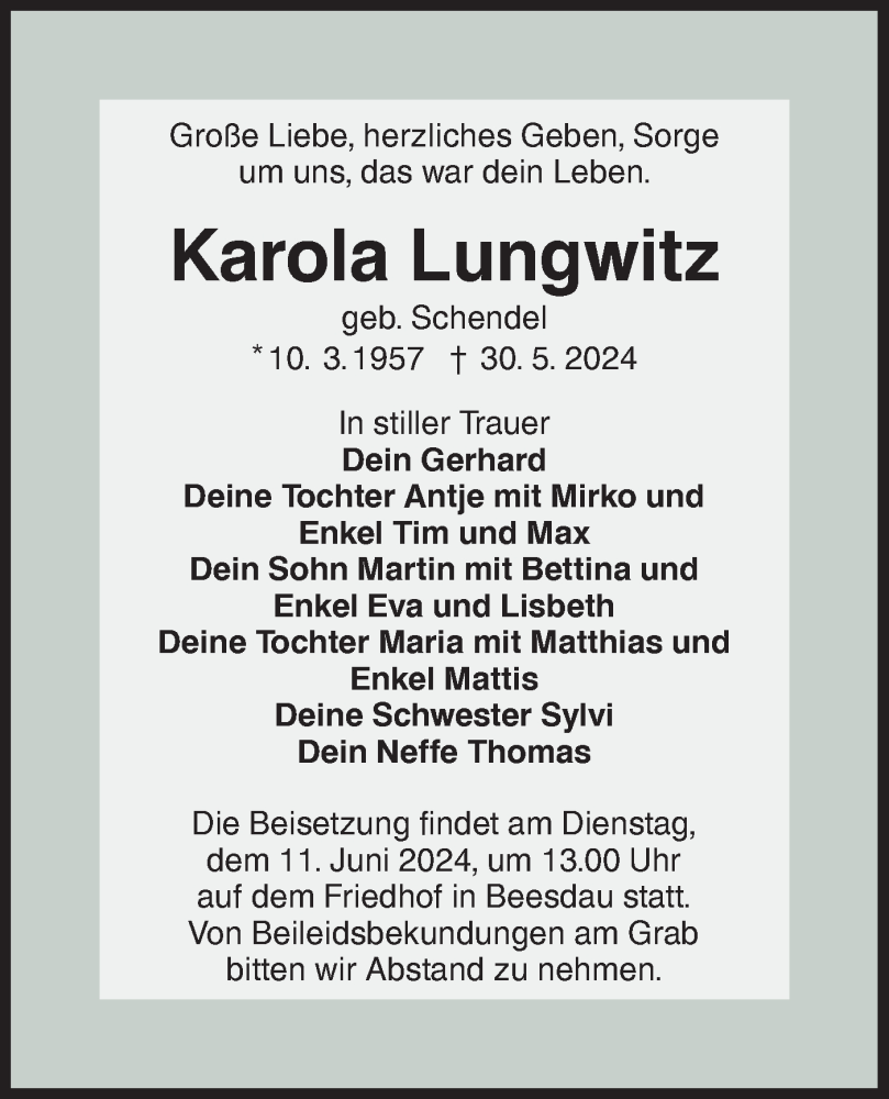  Traueranzeige für Karola Lungwitz vom 04.06.2024 aus Lausitzer Rundschau