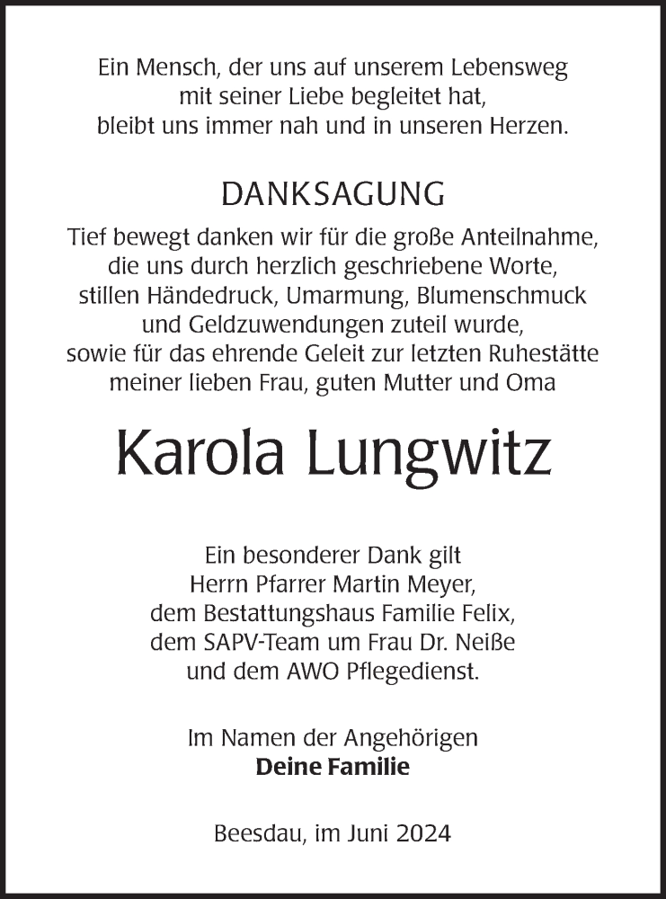  Traueranzeige für Karola Lungwitz vom 22.06.2024 aus Lausitzer Rundschau