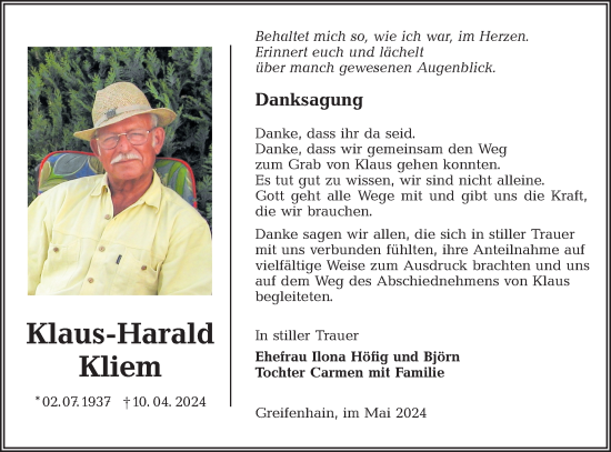 Traueranzeige von Klaus-Harald Kliem von Lausitzer Rundschau