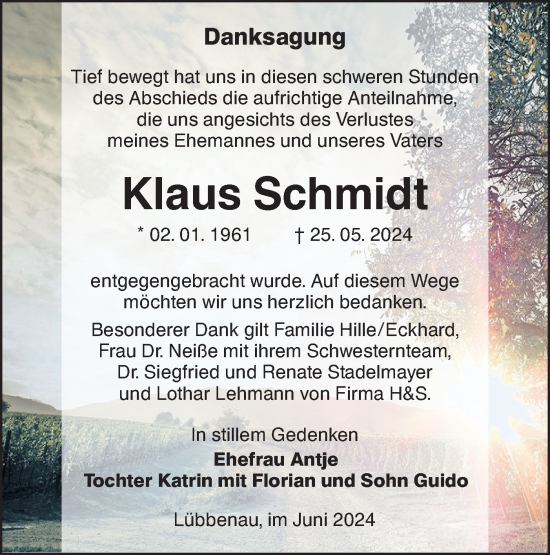 Traueranzeige von Klaus Schmidt von Lausitzer Rundschau