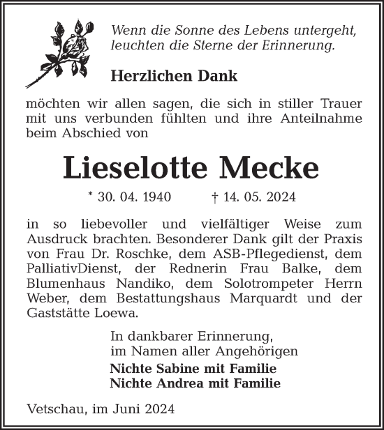 Traueranzeige von Lieselotte Mecke von Lausitzer Rundschau
