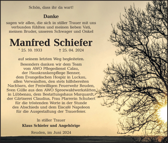 Traueranzeige von Manfred Schiefer von Lausitzer Rundschau