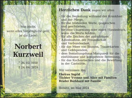 Traueranzeige von Norbert Kurzweil von Lausitzer Rundschau