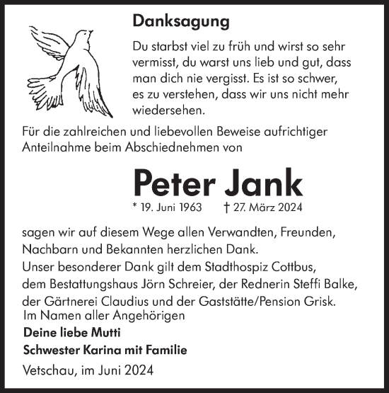 Traueranzeige von Peter Jank von Lausitzer Rundschau
