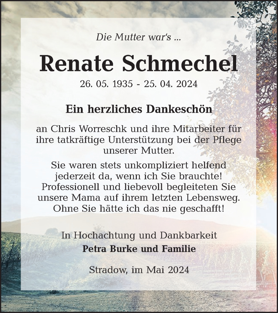  Traueranzeige für Renate Schmechel vom 22.06.2024 aus Lausitzer Rundschau